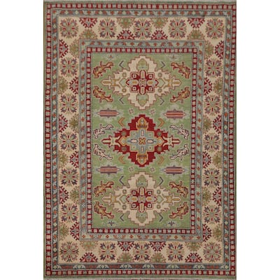Light Green Geometric Kazak Area Rug Handmade Wool Carpet - 5'0" x 7'0"
