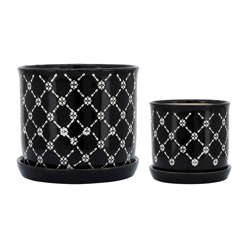 Black and White Ceramic Planters with Saucers (Set of 2)