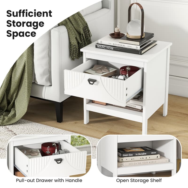 White MDF Nightstand with Drawer, Shelf and Faux Cutout Design