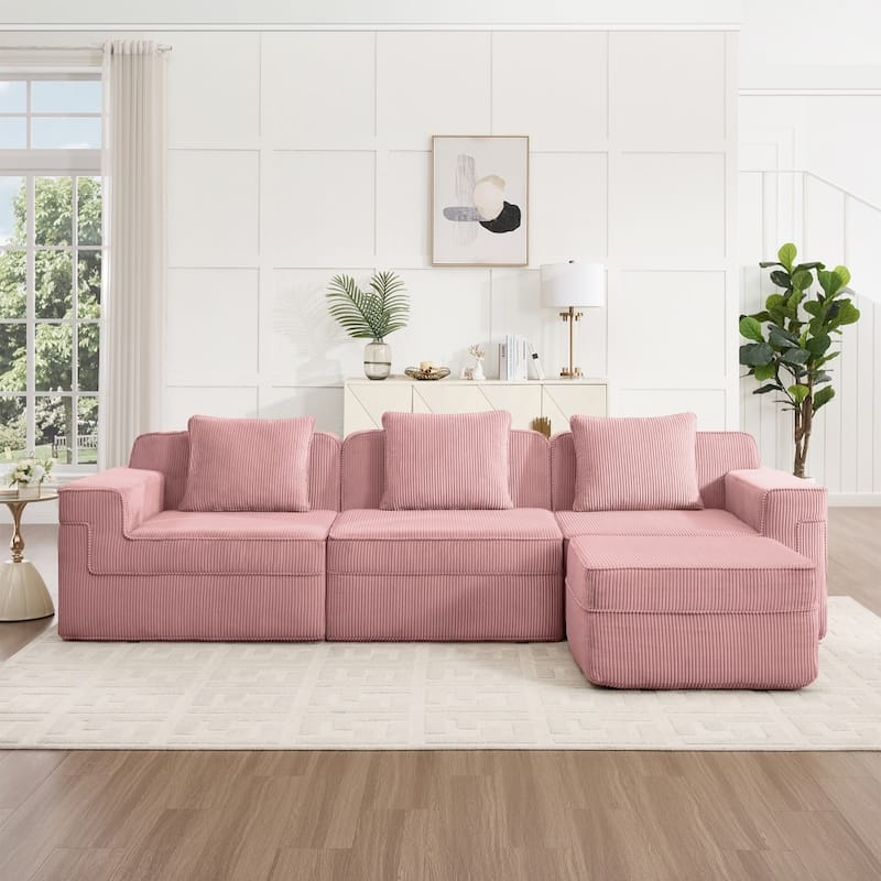 Modular L-shaped Deep Seat Boneless Cloud Sectional Sofa with Throw Pillows & Ottoman - Pink