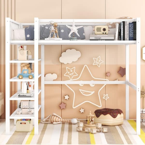 slide 2 of 59, Elegant Metal Full Size Loft Bed 4-Tier Shelves and Storage White