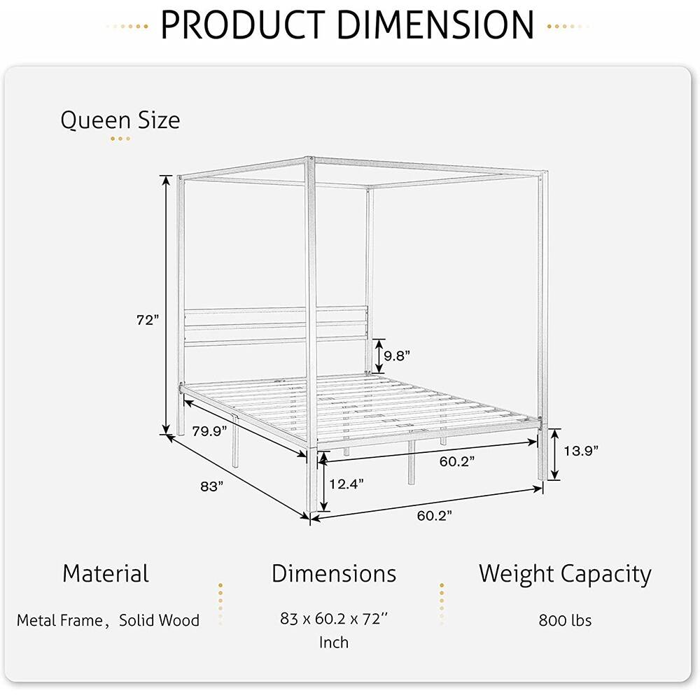 Queen Metal Canopy Bed/Mattress Foundation W/ Wood Slat Support, White