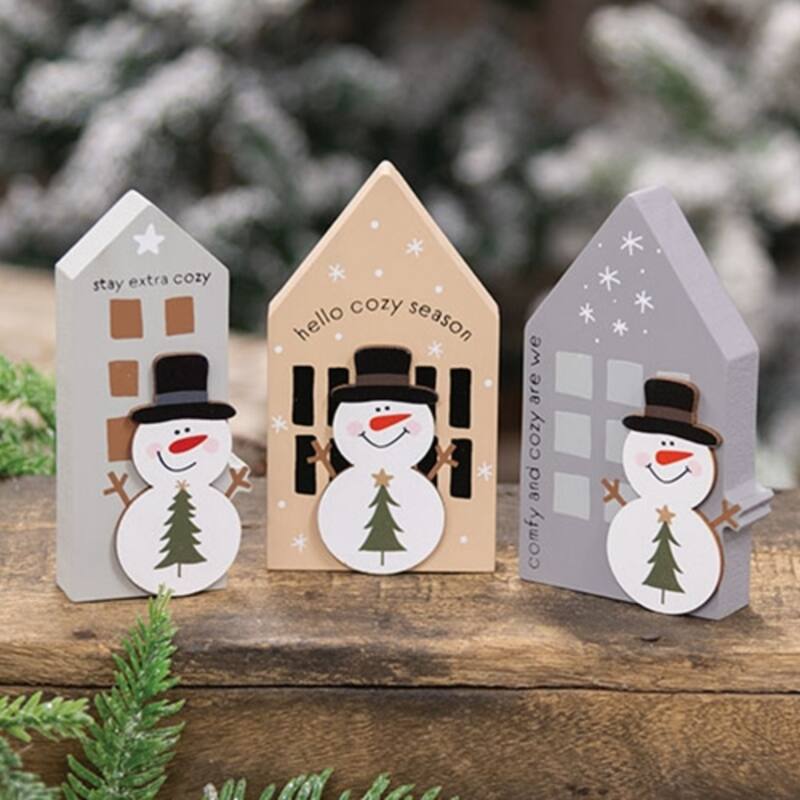 Chunky Wooden Snowman House Sitters for Winter Decor - 3 Asstd. - 4.5” x 2.5” x 0.75”