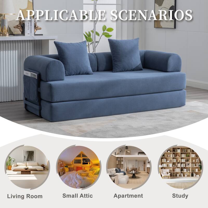 Foldable Modular Couch Sleeper Loveseat Sofa Bed with Storage Side Pocket, Detachable Metal Frame and Corduroy Fabric Cover