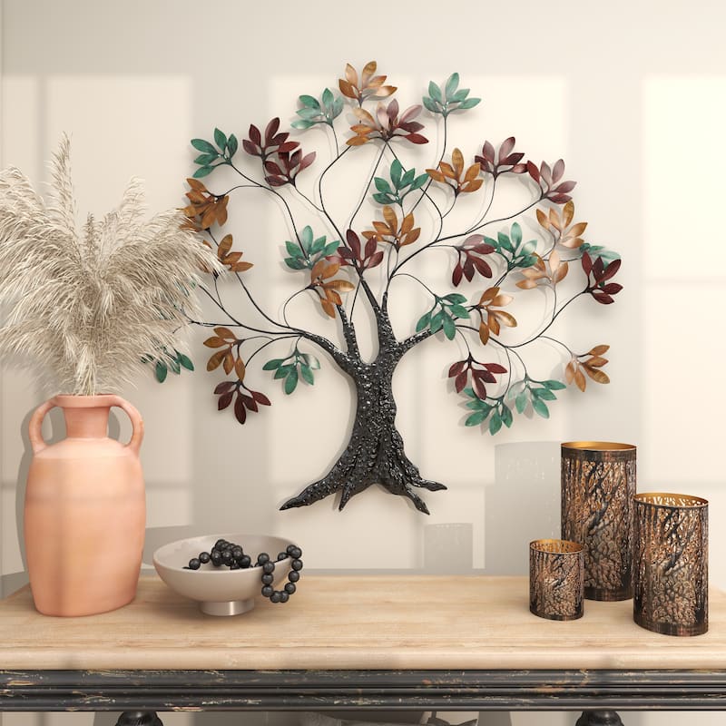 Multi Colored Metal Tree Home Wall Decor with Leaf Detail - Multi Colored