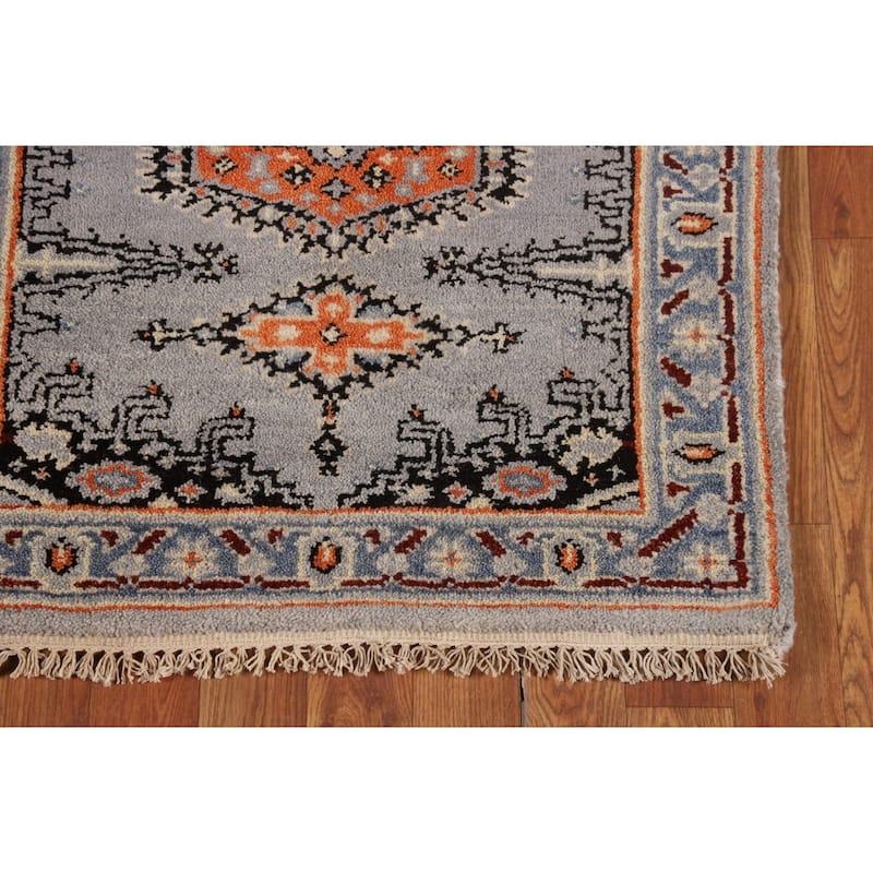 Gray Geometric Viss Indian Runner Rug Handmade Wool Carpet - 2'6"x 8'0"