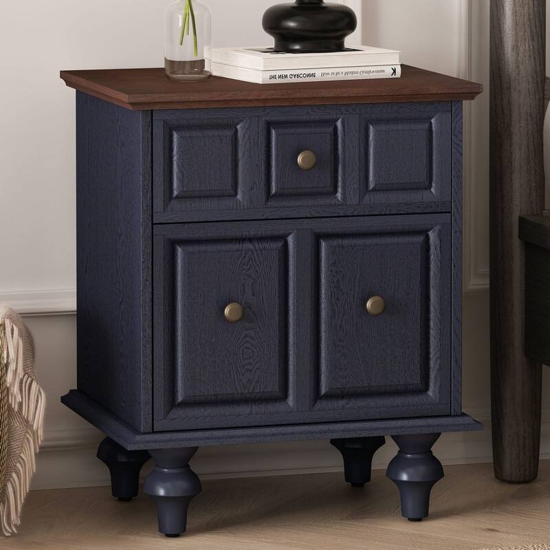 Vintage 2-Drawer Nightstand with Solid Wood Legs for Bedroom Storage Organization