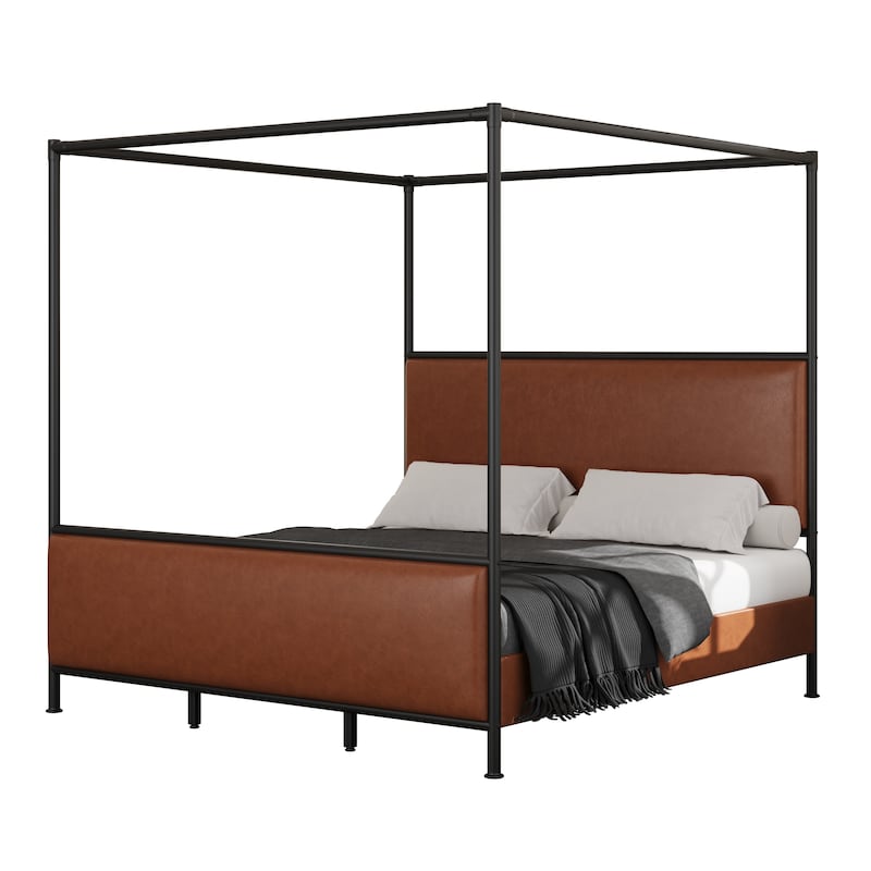 Canopy Bed Frame with Upholstered Headboard and Iron Legs, Low-Profile Platform Bed