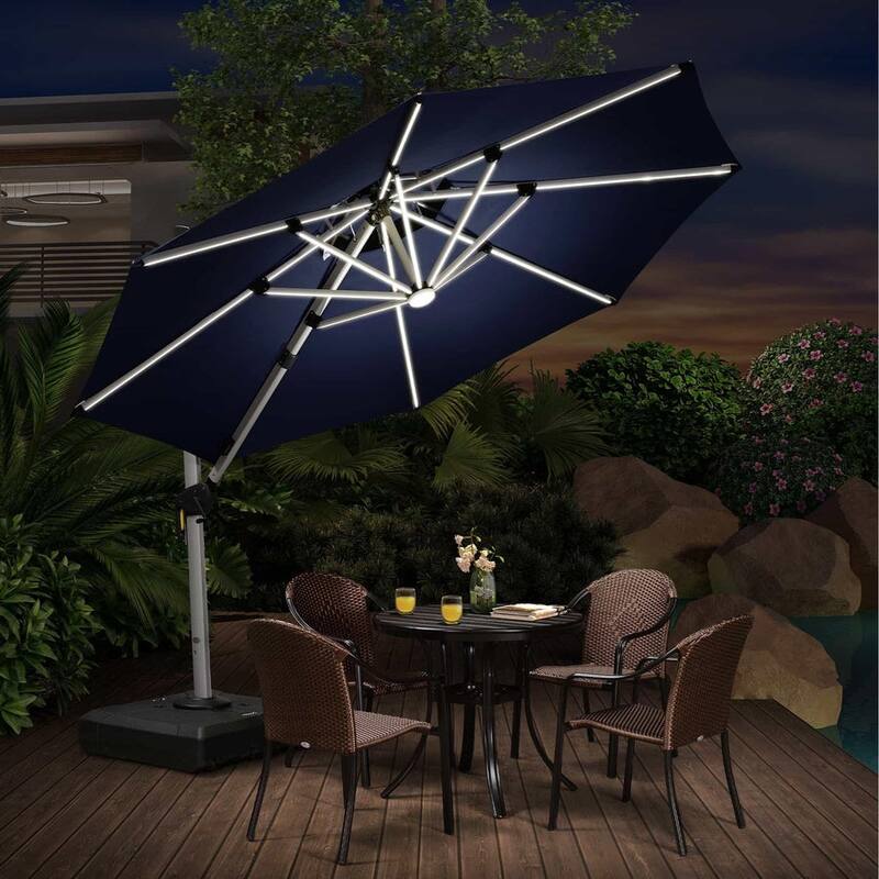 PURPLE LEAF Double Top 10/11/12ft Round Outdoor Patio Cantilever Umbrellas with Lights - 10' x 10'/Navy Blue