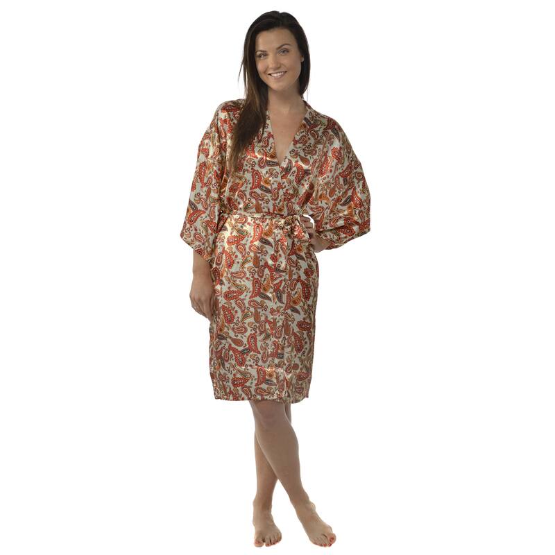Leisureland Women's Paisley 42-inch Satin Charmeuse Kimono - White