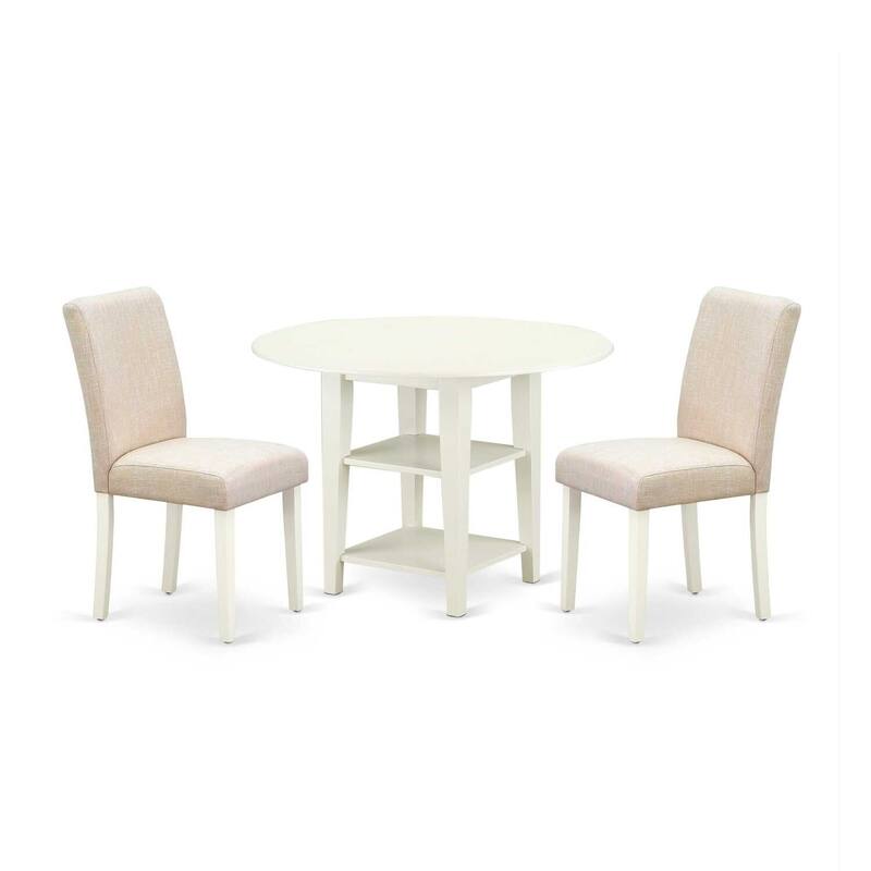 Round Dining Table Set 3pc 20/42 Inch Table w/ 2 Linen Chairs - Beige Fabric