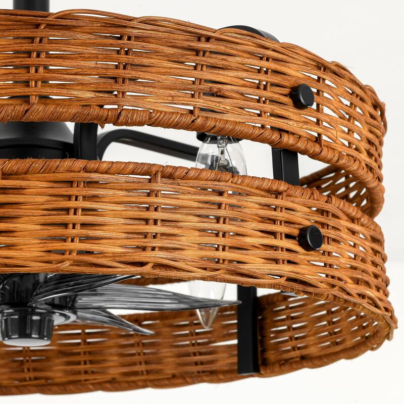 4-Light Farmhouse Brown and Black Woven Rattan Drum Ceiling Fan Lighting with Remote Control - 19.3 in. W x 6.9 in. H