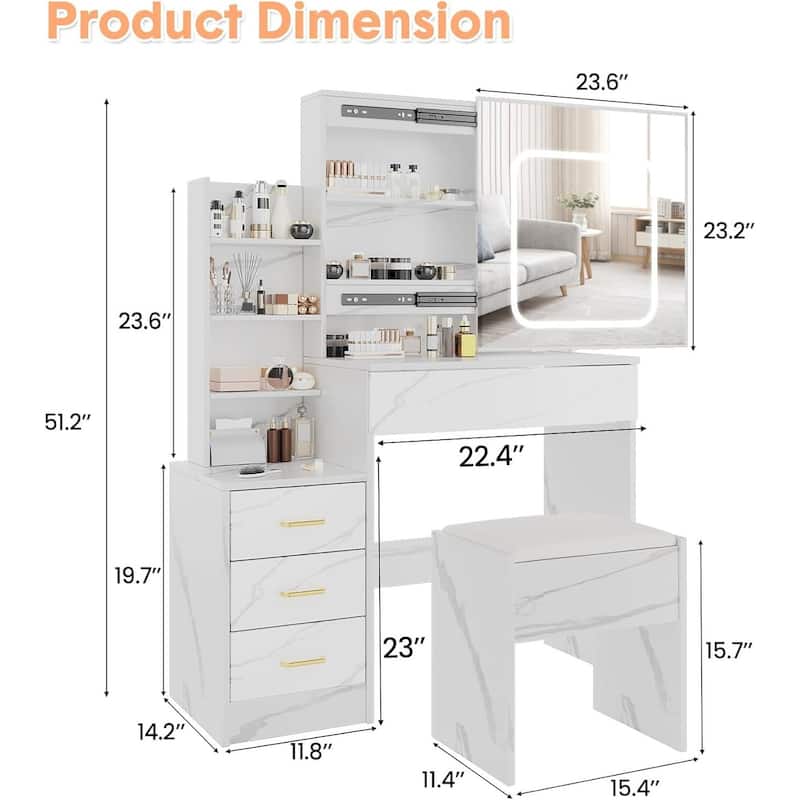4 Drawers Dressing Table, Makeup Vanity Desk with 3 Color Adjustable Lights Mirror for Bedroom