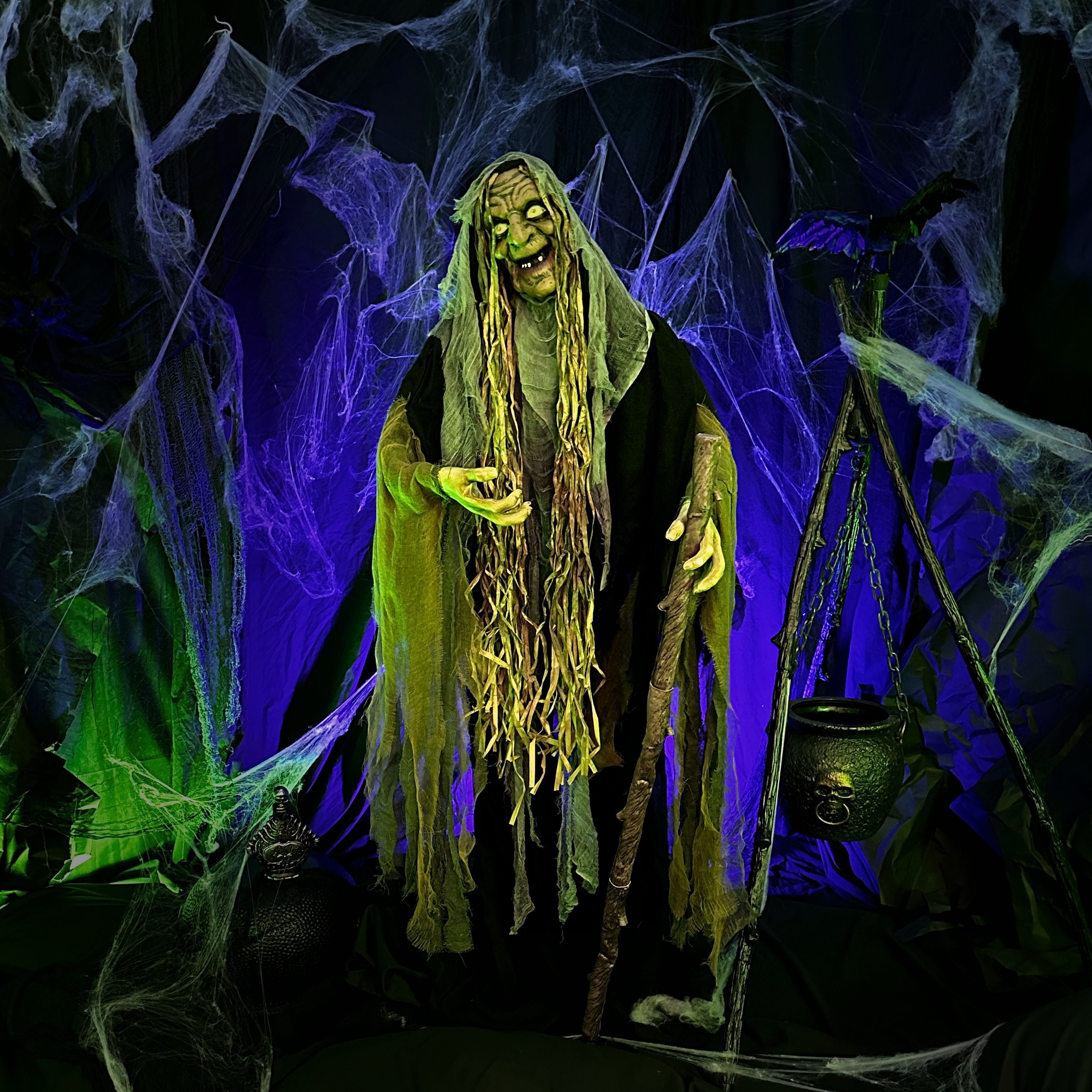 Haunted Hill Farm 5.7-Ft. Life-Size Talking Animatronic Witch with White Eyes