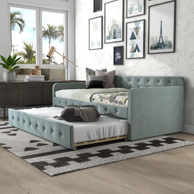 Menzelle Contemporary 2-Piece Twin Upholstered Tufted Day Bed with Trundle by Furniture of America - Without Care Kit - Teal