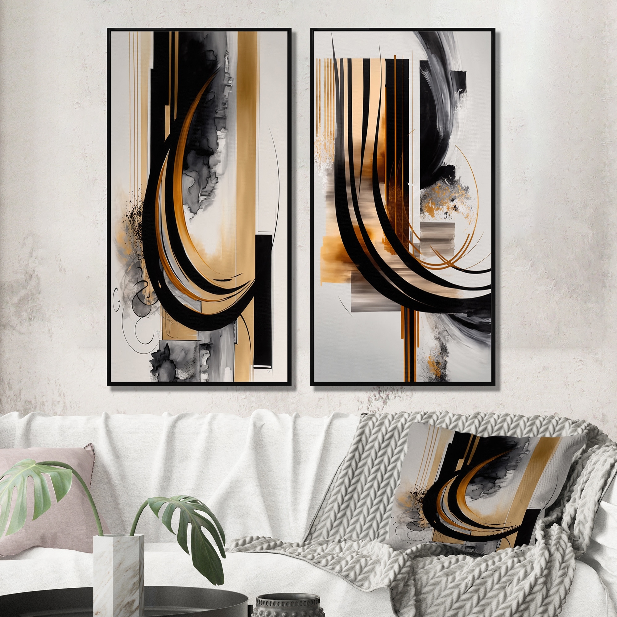 Designart "Gold Touch Art Deco" Abstract Framed Wall Art Set Of 2 - Black Canvas Set For Living Room Decor