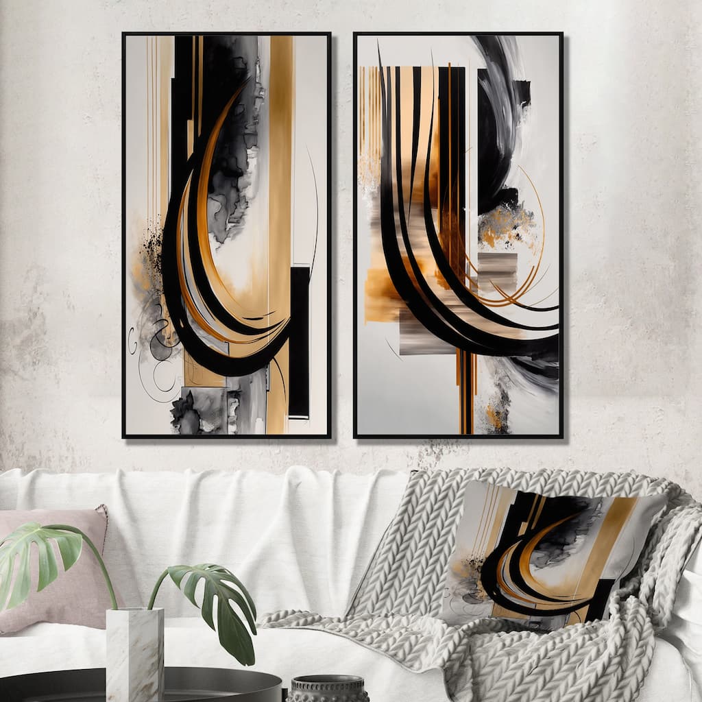 Designart "Gold Touch Art Deco" Abstract Framed Wall Art Set Of 2 - Black Canvas Set For Living Room Decor