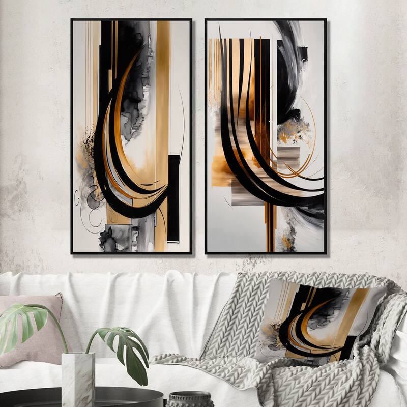 Designart "Gold Touch Art Deco" Abstract Framed Wall Art Set Of 2 - Black Canvas Set For Living Room Decor - 32 in. wide x 32 in. high - Black