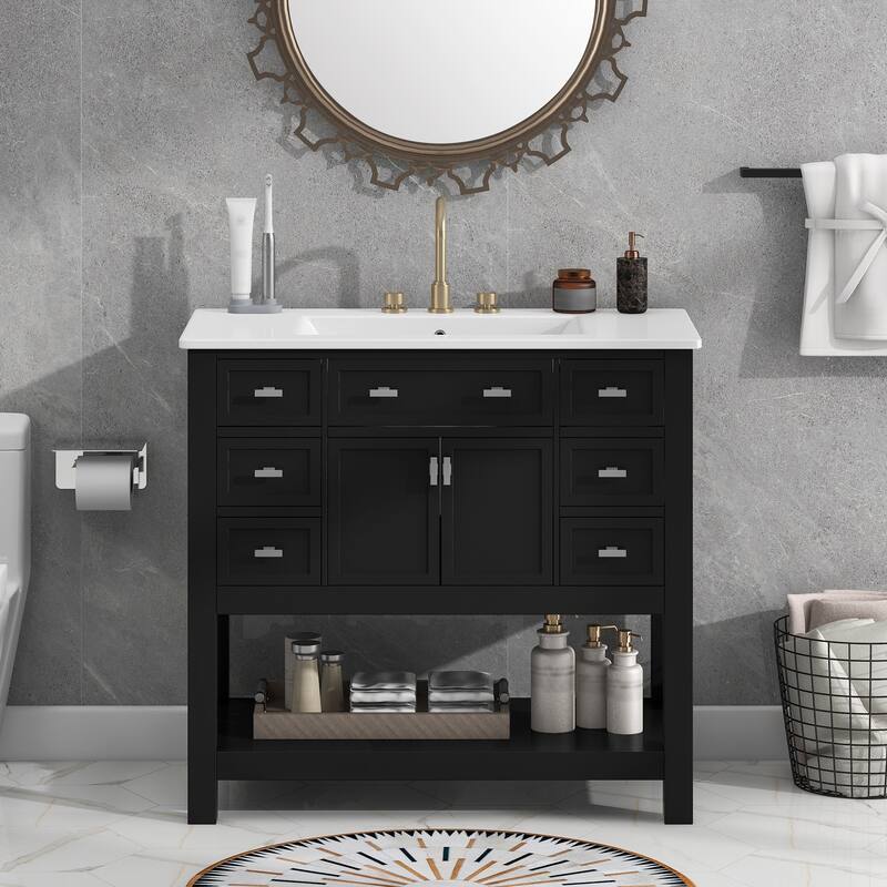 36'' Bathroom Vanity With Top Sink,Modern Bathroom Storage Cabinet With 2 Soft Closing Doors And 6 Drawers,Single Sink