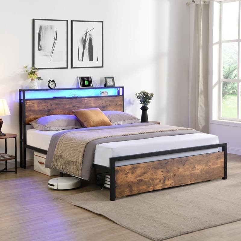 Metal Platform Bed Frame with Storage Headboard,2 Drawers,LED Lights and Charging Station - Full