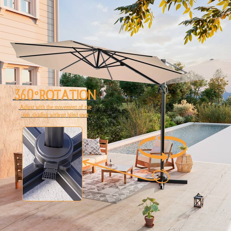 LIVOOSUN 10FT Round Cantilever Umbrella Patio Offset Umbrella For Outdoor Space, Solution-Dyed Fabric, 360° Rotation System