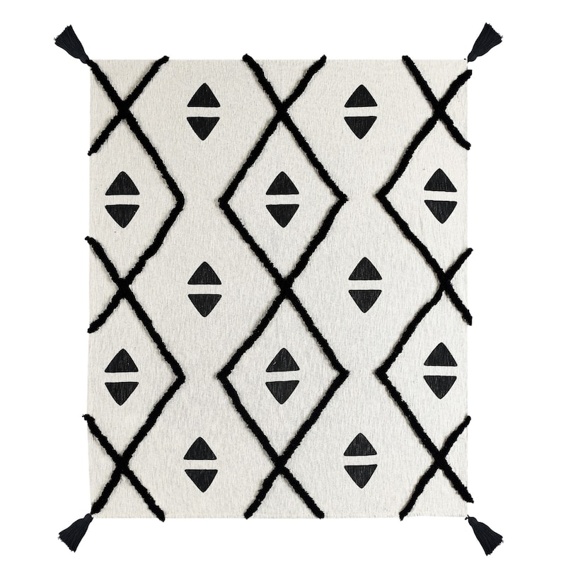 50" X 60" Black and White Woven Cotton Geometric Throw Blanket with Tassels