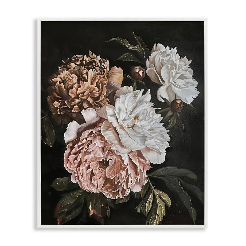 Stupell Moody Peonies on Black Framed Giclee Art Design By Arlington Prints - 24 x 30 - White