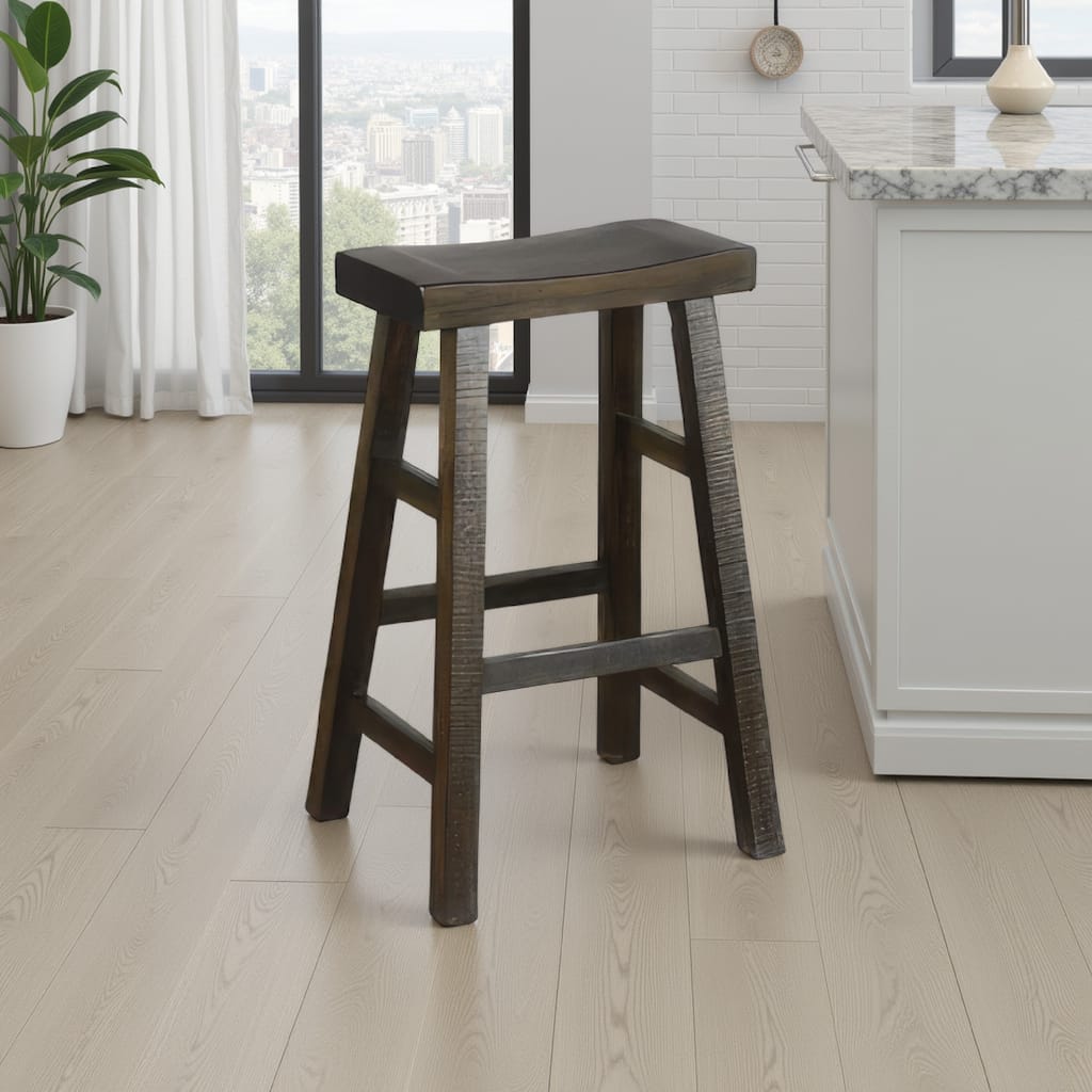 Flint Barstool Set of 2, Saddle Seat, Distressed Dark Brown Mahogany