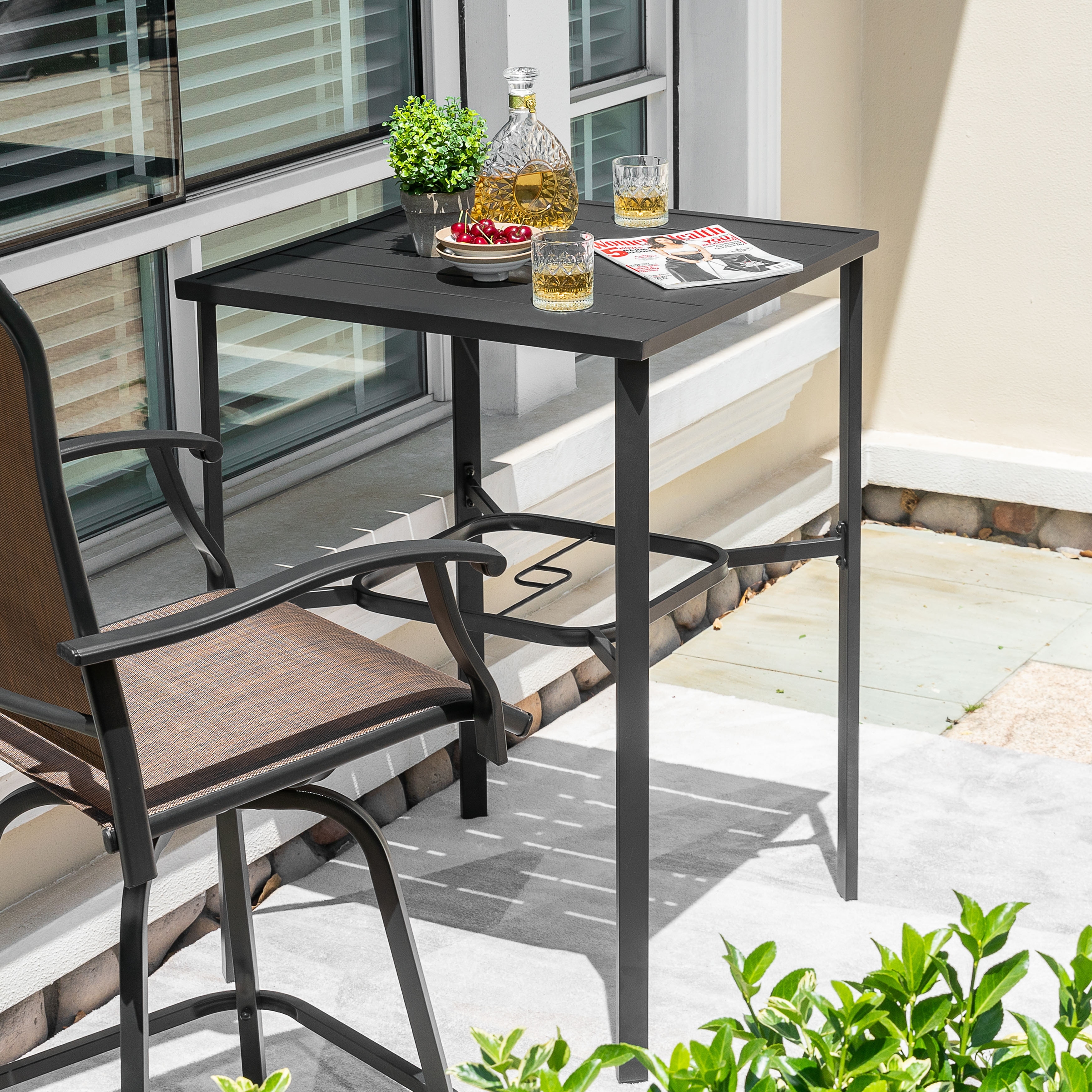 28 inch patio table with umbrella hole Sunbury 54" Round Dining Nimbus Star 1.9 umbrella hole in the center of the patio dining table adds versatility Nuu Garden Outdoor 28 Inch