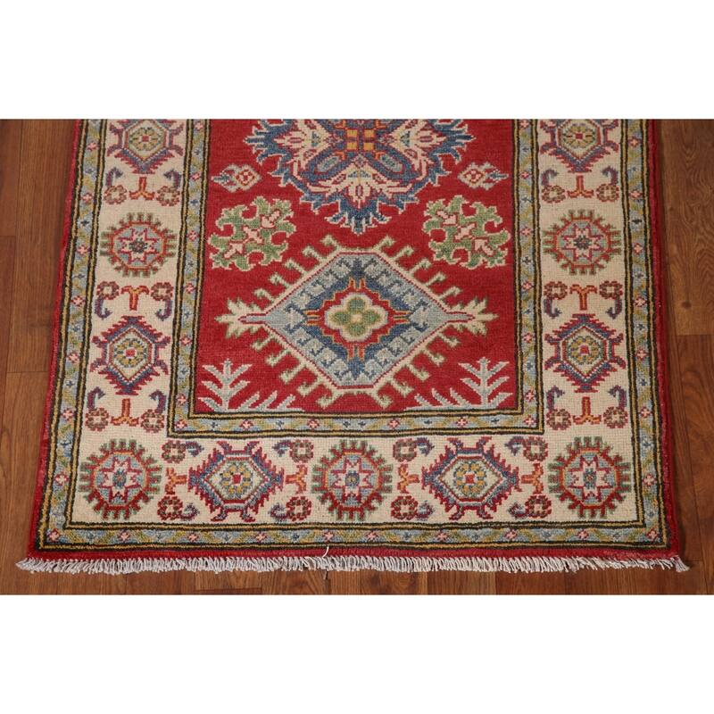 Geometric Red Kazak Accent Rug Handmade Wool Carpet - 2'8" x 4'1"