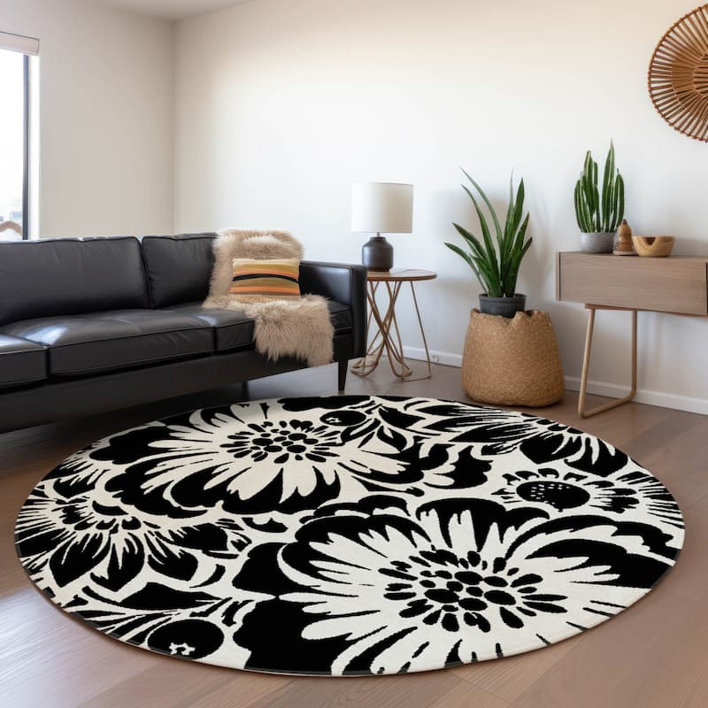 Machine Washable Indoor/ Outdoor Whimsy Floral Chantille Rug - Black - 8' x 8'