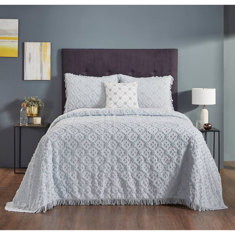 Better Trends Charleston Collection 4-Piece 100% Cotton Tufted Diamond Design Bedspread Set - Machine Washable & Tumble Dry Safe - Blue - King