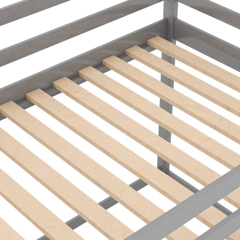 Twin Over Twin Size Low Bunk Platform Bed Frame with House Frame and Ladder, Safe and Stylish Kids Bed, Bedroom Furniture