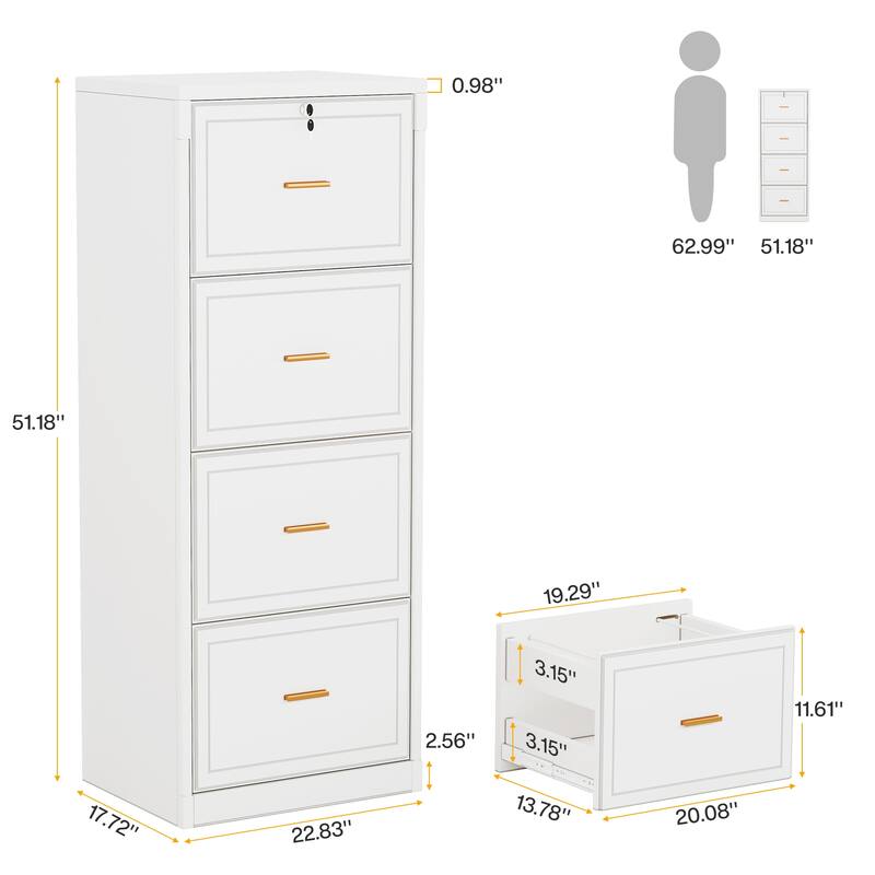 4-Drawer File Cabinet with Lock and Key, Vertical Wooden Filling Cabinet for A4/Letter/Legal Size Files