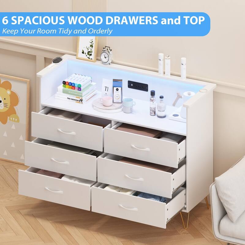 White Dresser with LED Light for Bedroom 6 Drawer