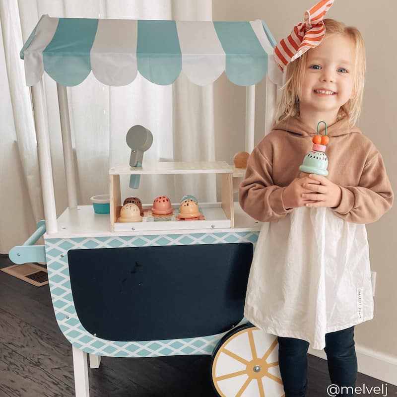 Teamson Kids Wooden Ice Cream Cart Pretend Play Food Set with33 pcs Accessory Set for Toddlers