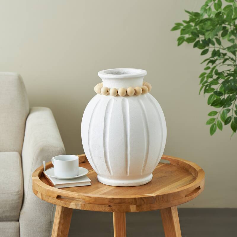 White Magnesium Oxide Decorative Vase with Light Brown Beads and Carved Grooves - White - 12"W, 15"H