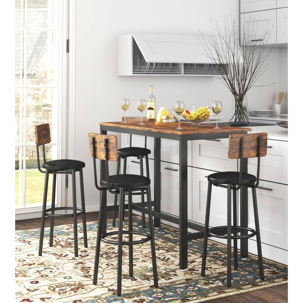 5-Piece Industrial Dining Table Bar Set with 4 PU Padded Bar Stools
