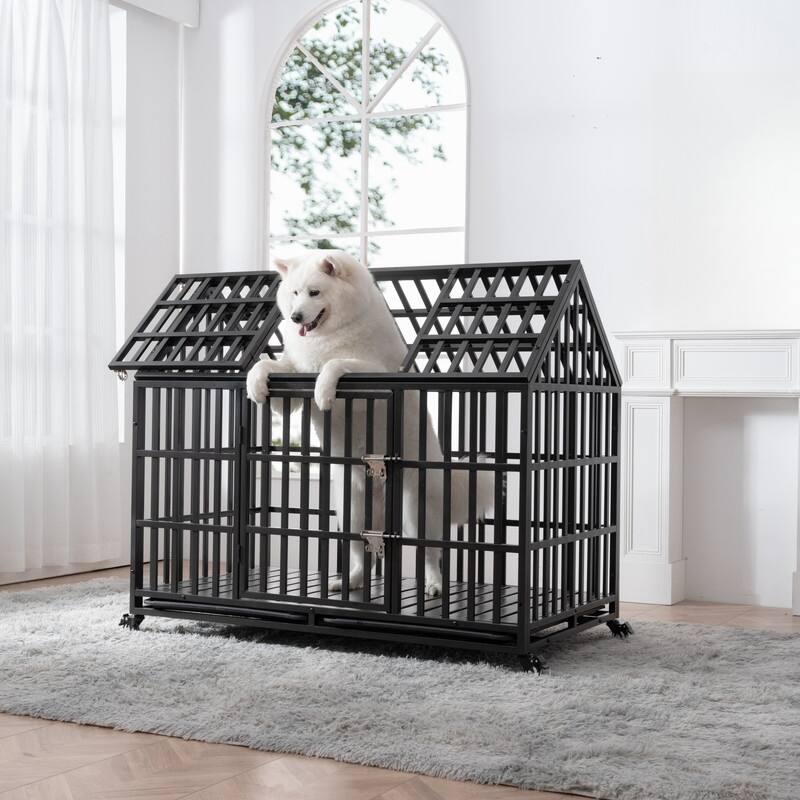 52" Heavy Duty Dog Crate Large Dog cage Strong Metal Dog Kennels and Crates for Large Dogs with 4 Lockable Wheels