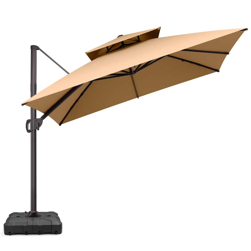 VredHom Double Top 10x10 FT Square Patio Cantilever Umbrella with Wheel Base - Tan
