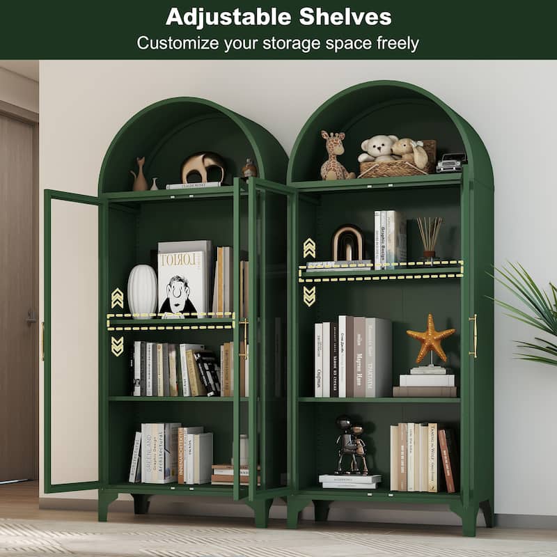 73.6-Inch Arched Metal Storage Display Cabinet with Glass Doors