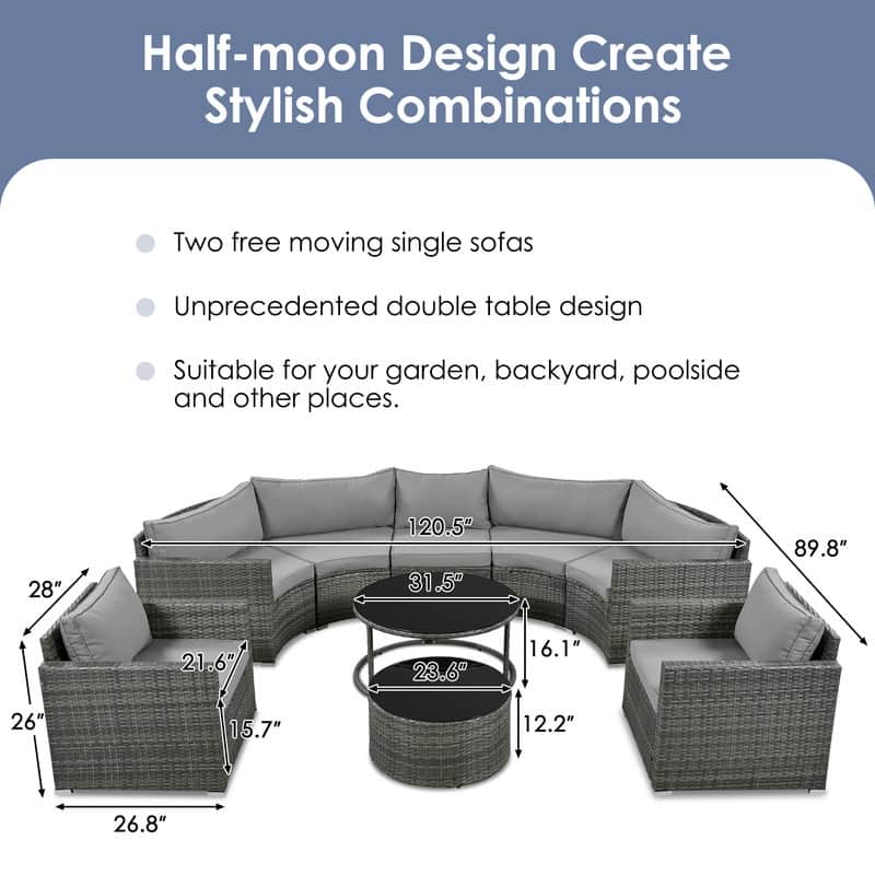 9-Piece Outdoor Half-Moon Patio Sofa Set, Wicker Sectional Sofa with Nesting Coffee Table, Rattan Conversation Set