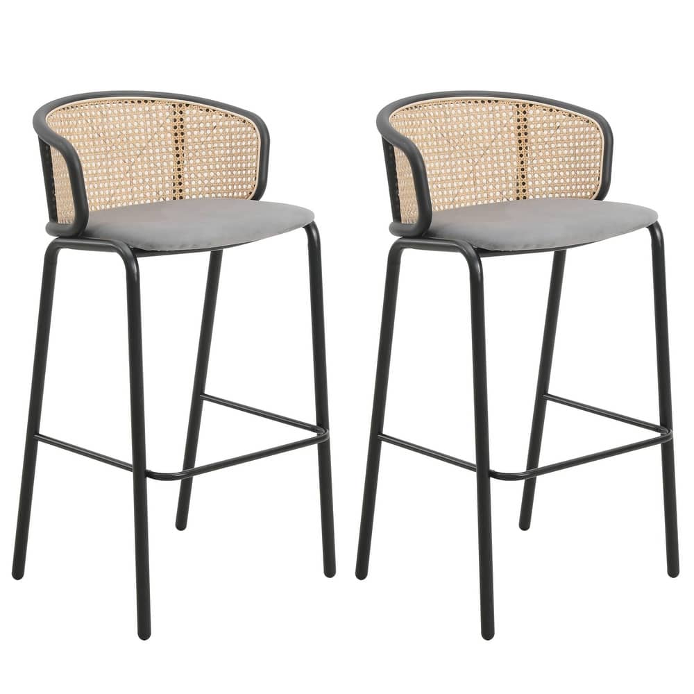 Ervilla Mid-Century Modern Low-Back Wicker Bar Stool and Black Powder-Coated Steel Frame for Kitchen and Dining (Set of 2) - 37"