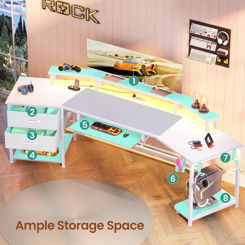 79" Gaming Desk 2 Fabric Drawers Gaming Table Power Strip & LED Lights