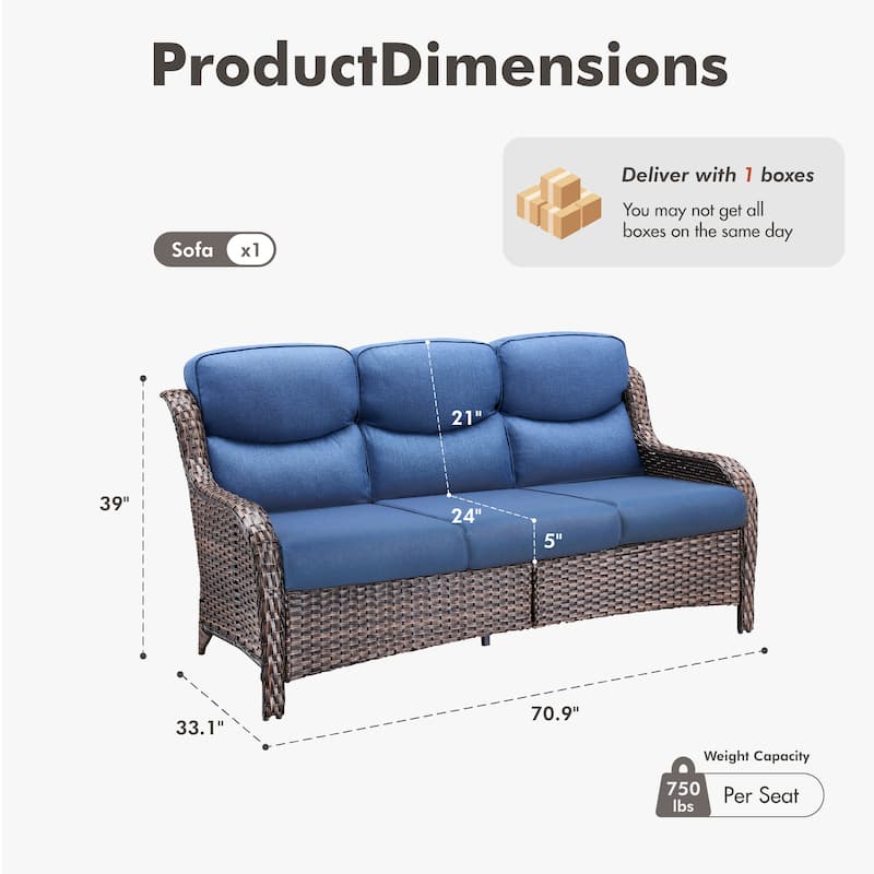 Meyreso Handwoven Wicker Outdoor Patio 3-Seat Sofa with 5-Inch Thick Cushions
