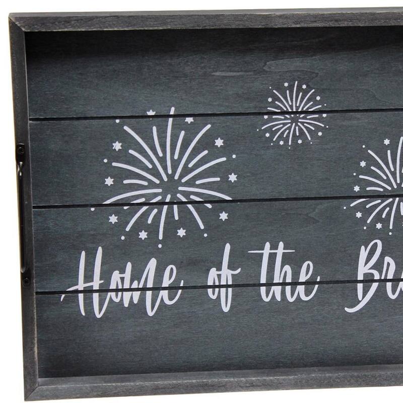 HomeRoots 16" Dark Blue And White Home Of The Brave Serving Tray With Handles - 15.50 in. x 2.25 in. x 12.00 in.