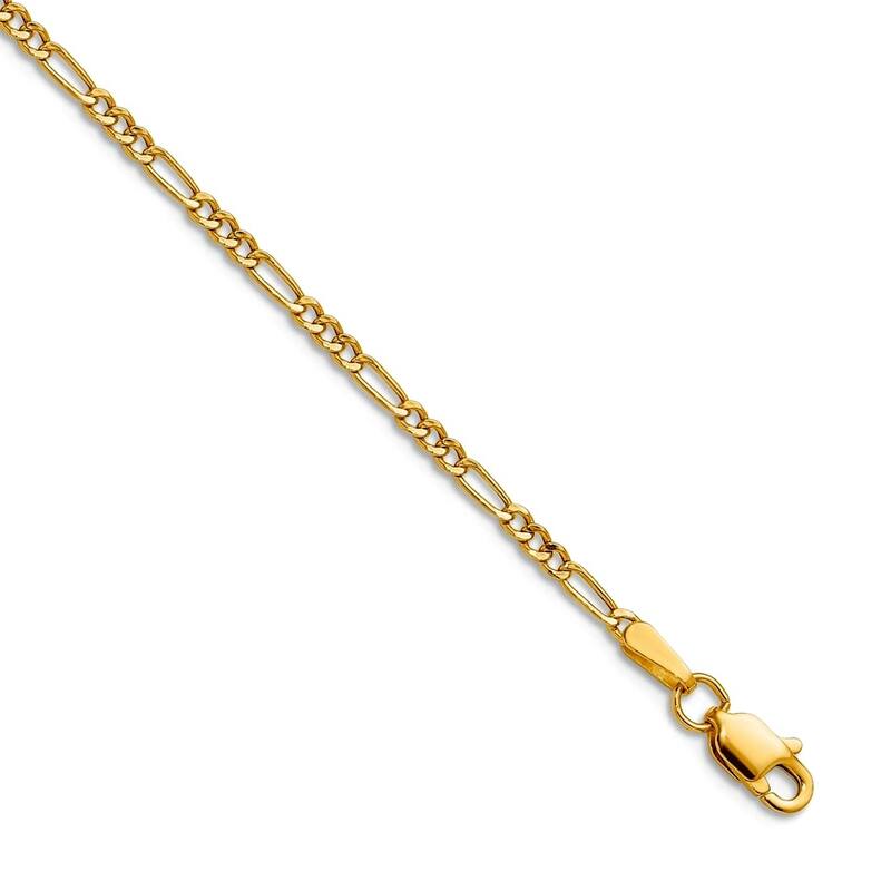 Curata Solid Yellow or White Gold 10" Classic Figaro Chain Anklet - 10k or 14k - 3mm sizes - 1.9 mm - Yellow - 14k