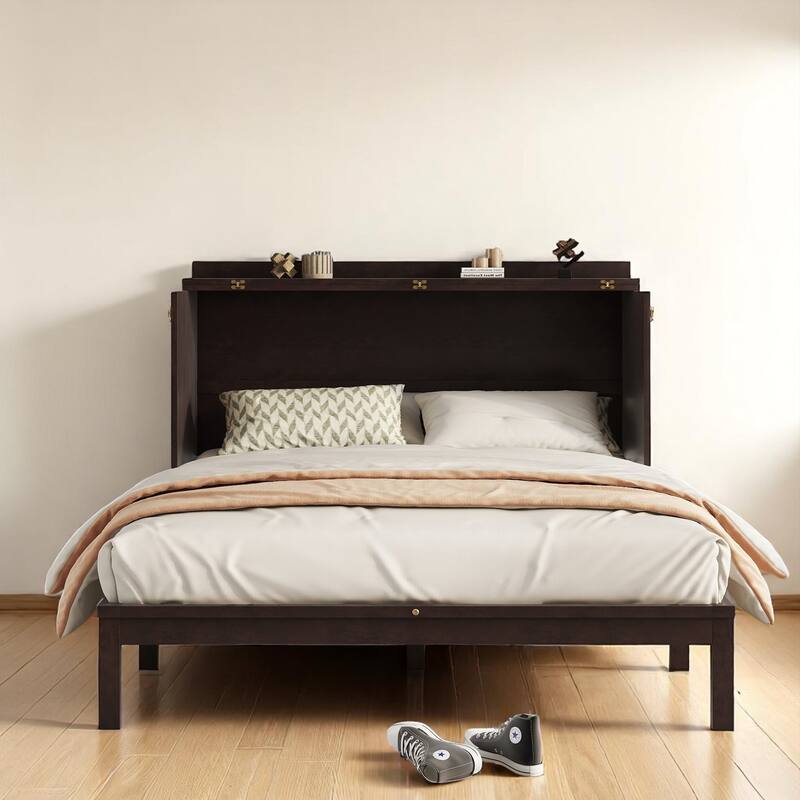 Space-Saving Queen Murphy Bed with Rattan Decoration, Power Station & Large Drawer