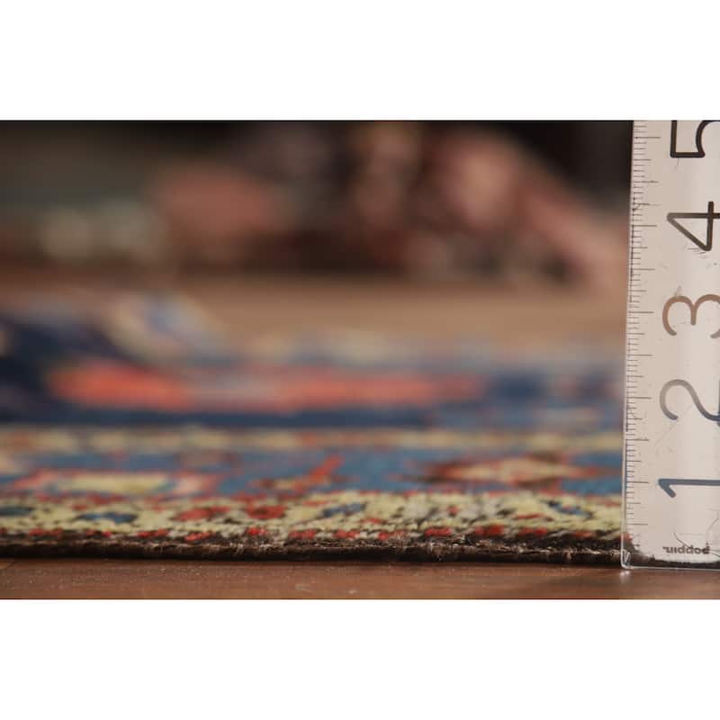 Hand Knotted Oriental 100% Wool Carpet Traditional Floral Navy Blue & Blues Heriz Runner Rug - 14' 9'' X 3' 9''