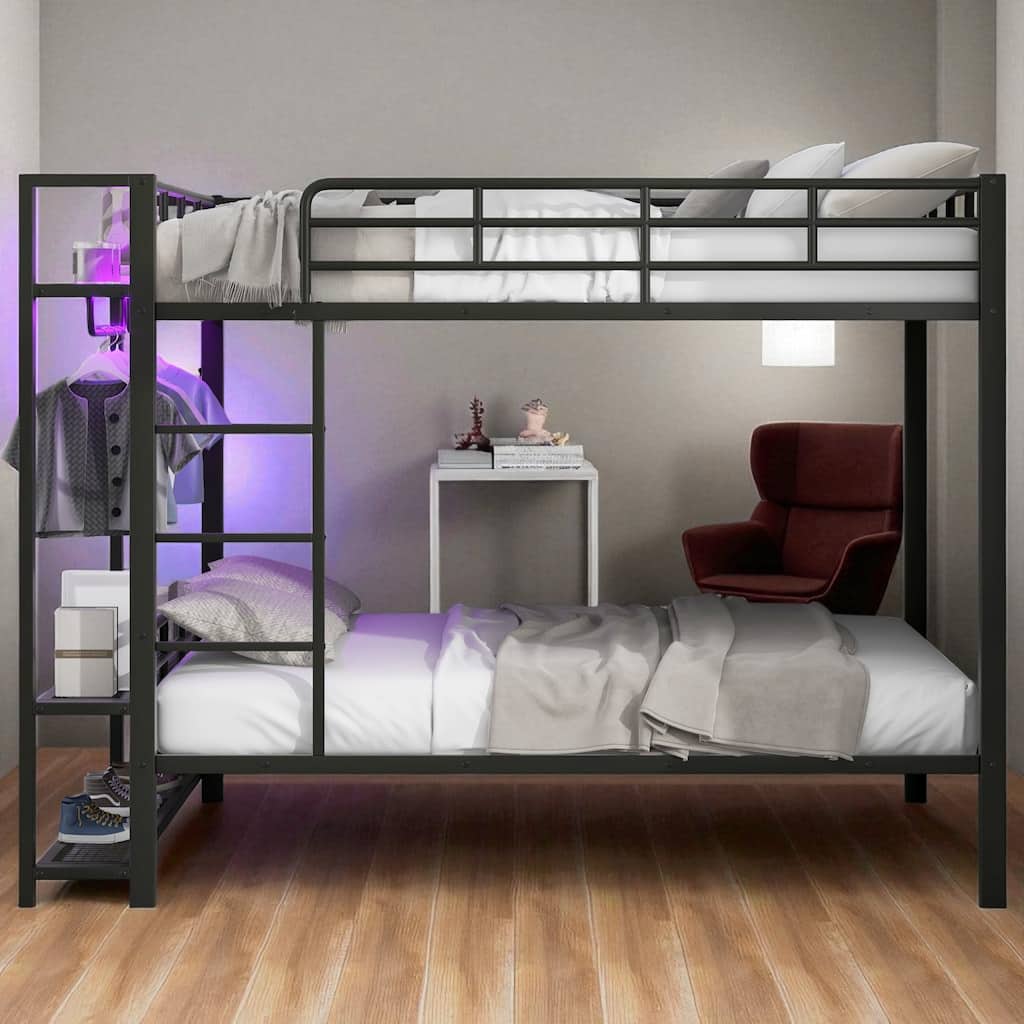 Full over Full Metal Bunk Bed with LED Lights, Storage Mesh Shelves & Hooks, Guardrails, No Box Spring Needed